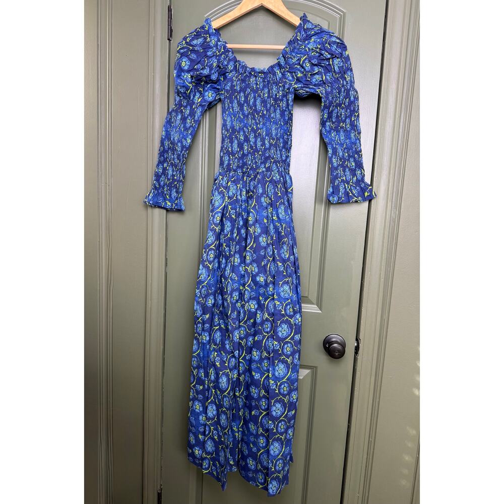 NWT Ro's Garden Jocelyn Maxi Smocked Resort Boho Ren Faire Dress Navy Blue XS